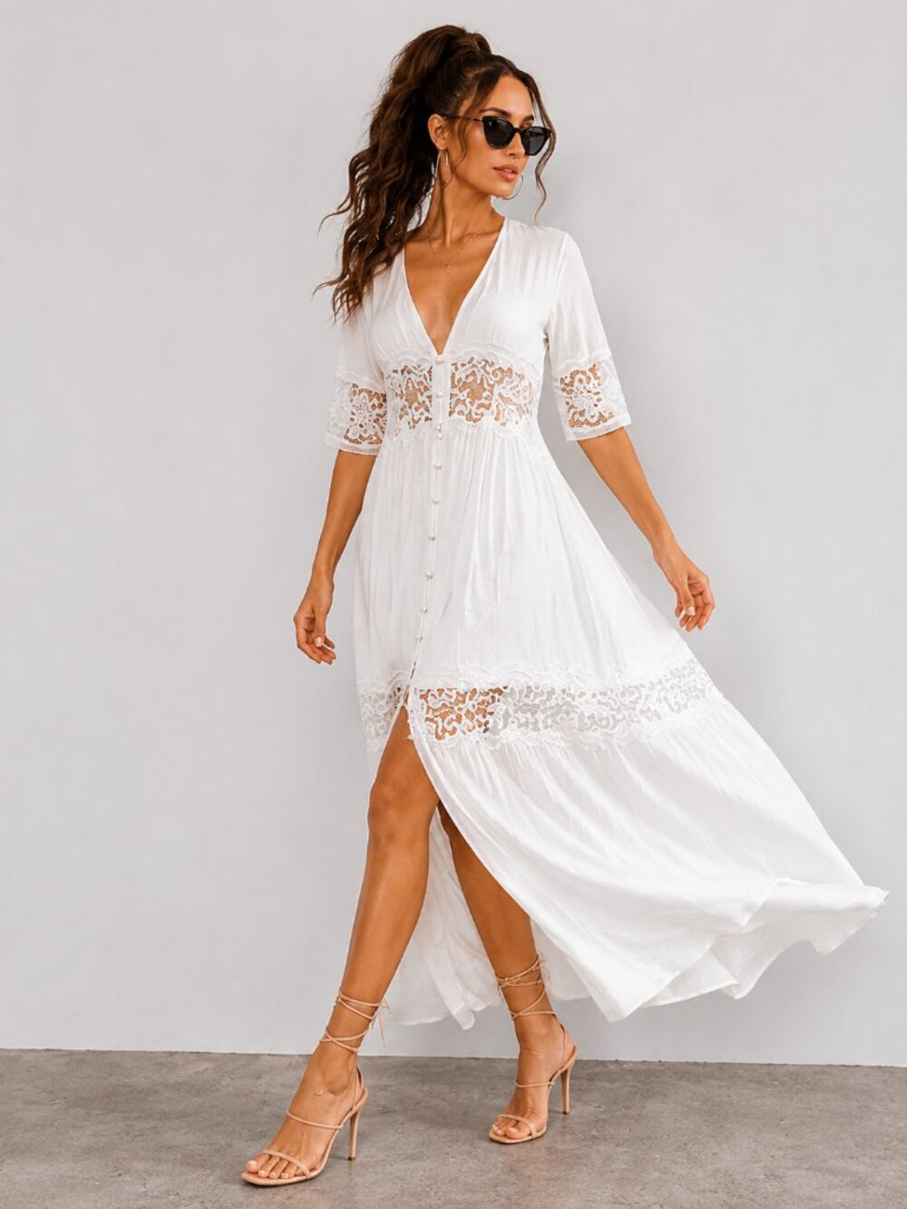 White Boho Maxi Dress Lace Inset Button Front Vacation NWT
